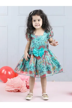 Cutiekins Girls Floral Printed Puff Sleeves Organza Fit & Flare Dress
