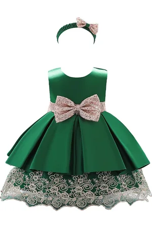 Stylecast Green Girls Round Neck Bow Detail Satin Fit & Flare Dress