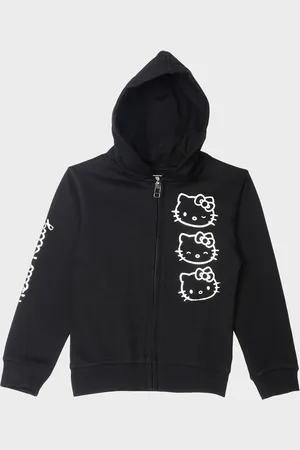Kidsville Girls Black Printed Hooded Sweatshirt
