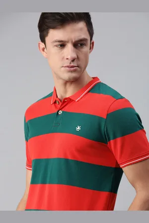 WROGN Men Red & Olive Green Striped Slim Fit Cotton Polo Collar T-shirt