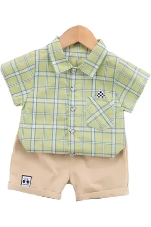 Stylecast Kids Green Checked Pure Cotton Shirt with Shorts