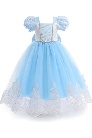 Stylecast Girls Blue Self Design Puff Sleeves Lace Inserts Detail Maxi Gown Dress