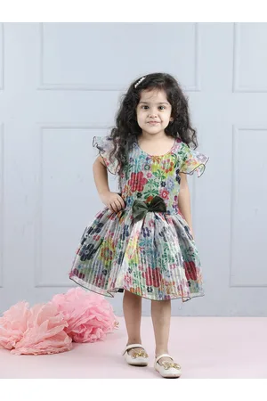 Cutiekins Girls Floral Printed Flutter Sleeves Organza Fit & Flare Dress