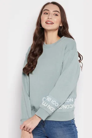 MADAME Women Sea Green Printed Cotton Sweatshirt