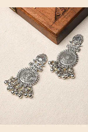 Fida Silver-Plated Oxidised Circular Drop Earrings