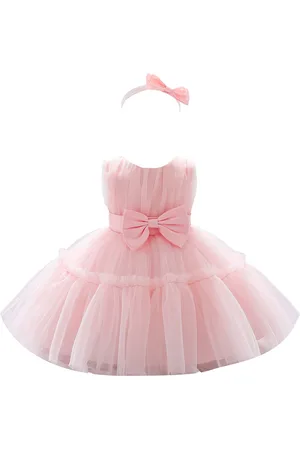 Stylecast Pink Girls Round Neck Bow Fit & Flare Midi Dress