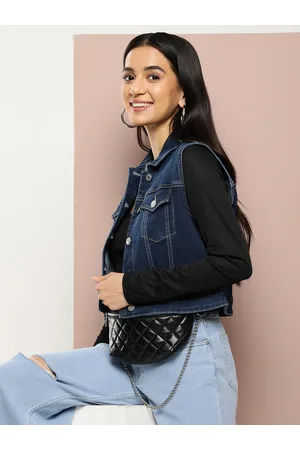 HARVARD Solid Sleeveless Pure Cotton Crop Denim Jacket