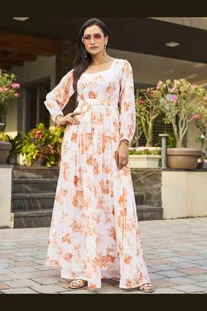 CHANSI Floral Printed Puff Sleeves Georgette Belted Maxi Dress