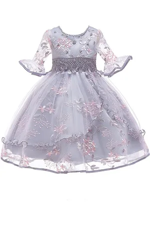 Stylecast Girls Grey Floral Embroidered Bell Sleeve Fit & Flare Maxi Dress