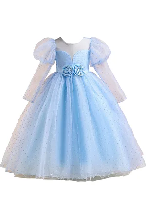 Stylecast Girls Blue Self Design Puff Sleeves Bow Detail Gown Maxi Dress
