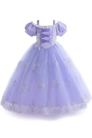 Stylecast Girls Purple Floral Embroidered Cold-Shoulder Sleeves Gathered Net Gown Dress