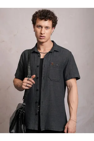 LocoMotive Men Grey Dobby Textured Checked Utility Pocket Regular Shirt