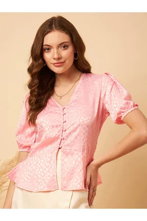 MINT STREET Abstract Woven Design Puff Sleeve V-Neck Jacquard Satin Peplum Top