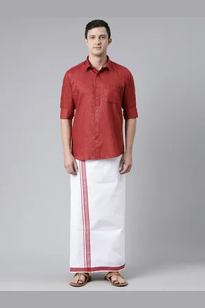 Chennis Men Red & White Pure Cotton Shirt with Dhoti Set