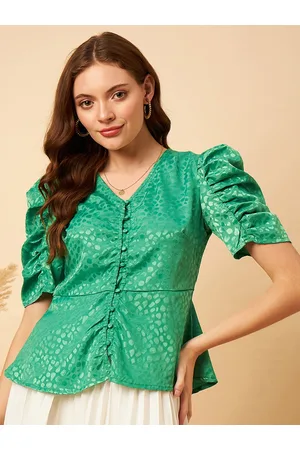 MINT STREET Abstract Woven Design Puff Sleeve V-Neck Jacquard Satin Peplum Top