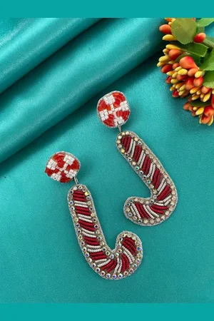 Digital Dress Room Christmas Special Beaded Classic Candy Cane Design Drop Earrings