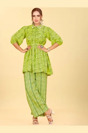 CHANSI Floral Printed Shirt Collar Ethnic Tunic & Trousers