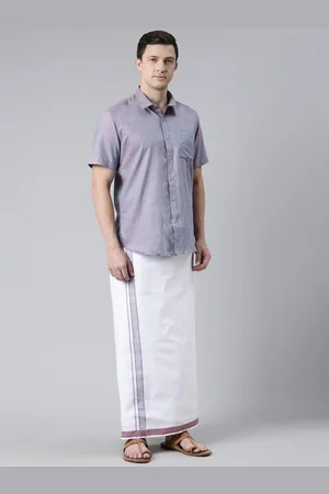 Chennis Men Violet & White Pure Cotton Shirt with Dhoti Set