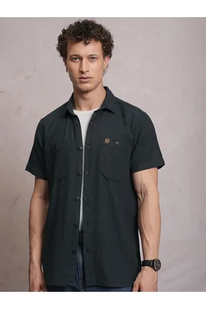 LocoMotive Men Black Dobby Textured Checked Utility Pocket Regular Shirt