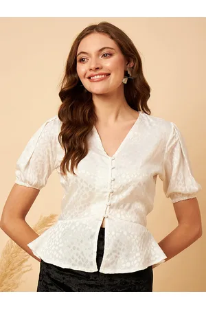 MINT STREET Abstract Woven Design Puff Sleeve V-Neck Jacquard Satin Peplum Top