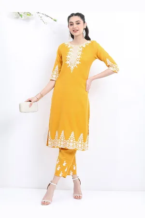 Ketch Floral Embroidered Regular Thread Work Kurta With Trousers