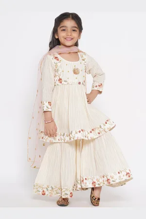 Little Bansi Girls Striped Thread Work Empire Pure Cotton Kurta with Sharara & Dupatta