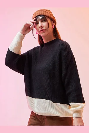 Bewakoof Black Colourblocked Round Neck Long Sleeves Loose Fit Acrylic Pullover Sweater