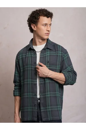 LocoMotive Men Blue Dobby Textured Checked Cotton Overshirt