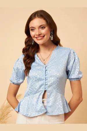 MINT STREET Abstract Printed V-Neck Puff Sleeve Satin Peplum Top