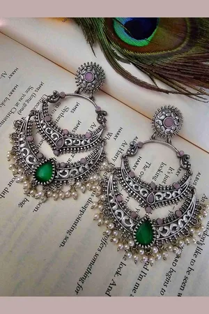 Binnis Wardrobe Silver Plated Stone Studded & Beaded Drop Earrings