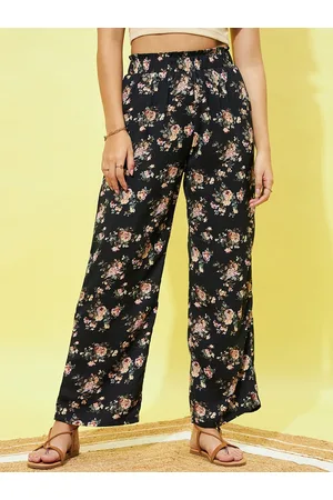 Berrylush Black Women Floral Printed Relaxed Straight Leg High-Rise Parallel Trouser