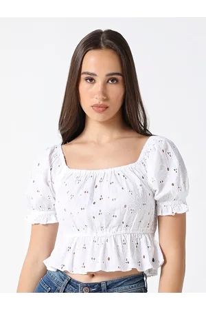 Pepe Jeans Floral Embroidered Puff Sleeve Cotton Pure Cotton Schiffli Crop Peplum Top