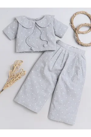 Knitting Doodles Girls Printed Pure Cotton Chambray Crop Top and Pleated Trousers