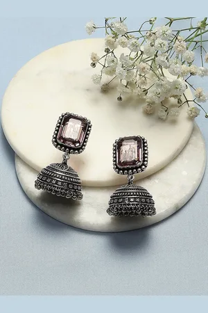 Biba Oxidised Silver Plated Dome Shaped Stone Studded Jhumkas