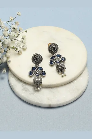 Biba Silver Plated Stone Studded & Beaded Oxidised Drop Earrings