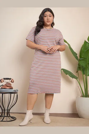 CURVY STREET Maroon Plus Size Striped Midi T-shirt Dress
