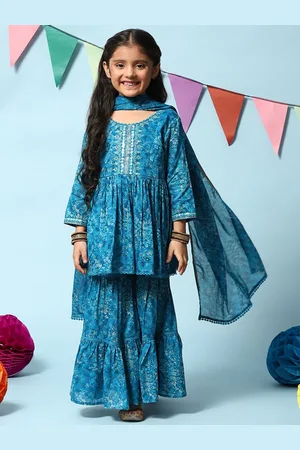 Biba Girls Floral Printed A-Line Pleated Pure Cotton Kurta With Sharara & Dupatta