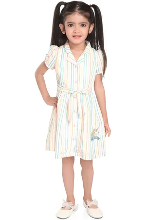 Peppermint Girls Striped Cuban Collar Puff Sleeve Belted Cotton A-Line Dress