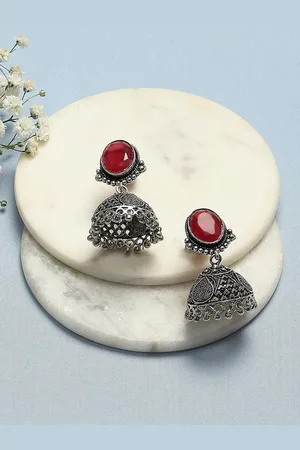 Biba Silver Plated Dome Shaped Stone Studded Jhumkas