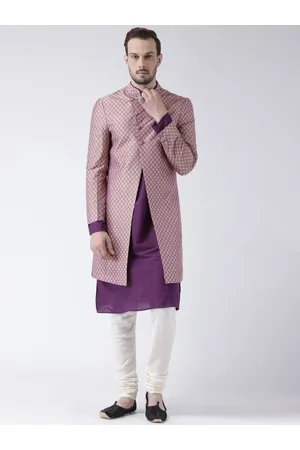 KISAH Men Purple & Off-White Jacquard Kurta Indowestern Sherwani Set
