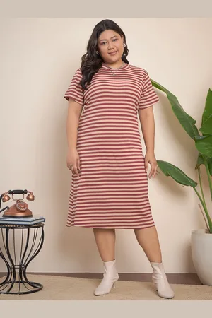 CURVY STREET Brown Plus Size Striped Midi T-shirt Dress