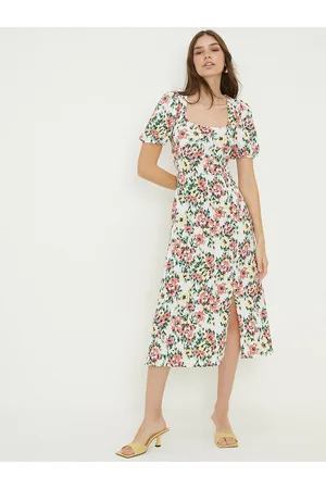 Dorothy Perkins Floral Print Puff Sleeve A-Line Midi Dress With Tie-Up Detail