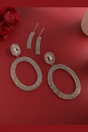 DressBerry Set Of 2 Gold-Toned & White Silver-Plated Stones Studded Drop Earrings