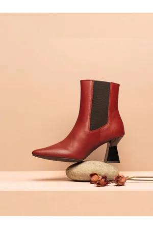 SAINT G. Women Pointed Toe Mid Top Leather Block Heel Chelsea Boots