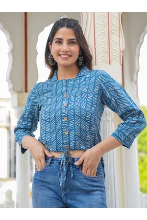 Yash Gallery Standard Geometric Printed Tie Up Crop High Low Casual Shirt