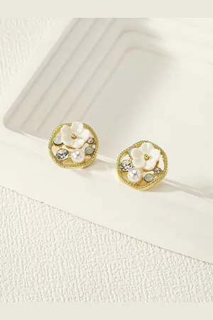 FIMBUL Gold-Plated Floral Stone Studded & Beaded Studs Earrings