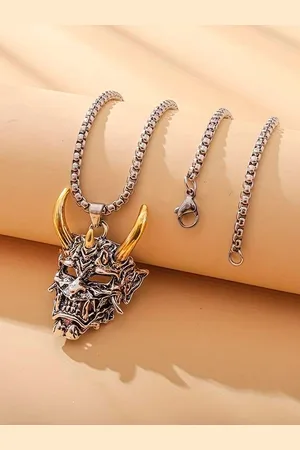 OOMPH Men Silver Plated Devil Demon Horn Skull Pendant With Chain