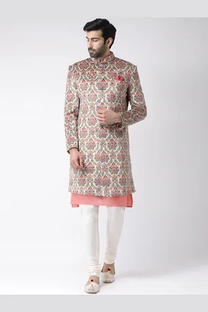 KISAH Men Peach Coloured & Off-White Printed Velvet Indowestern Sherwani Set