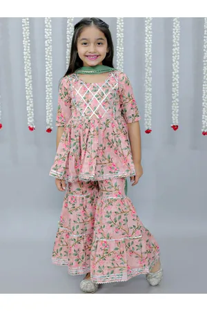 Ka-mee Girls Floral Printed Gotta Patti Pure Cotton Kurti & Sharara With Dupatta