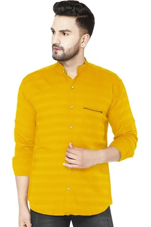 FUBAR Slim Fit Horizontal Striped Band Collar Long Sleeves Casual Shirt